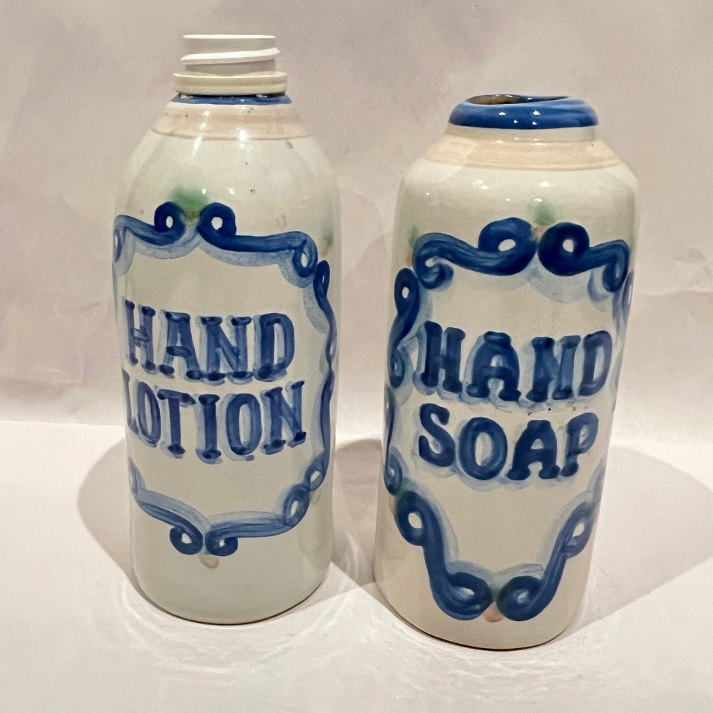 MA Hadley Hand Lotion & Hand Soap Pump Bottle Set Blue White Ceramic